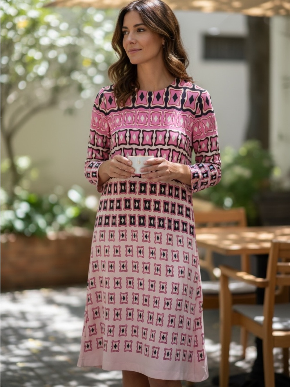 Zara Pink Geometric Long Sleeve Maxi Dress size medium
